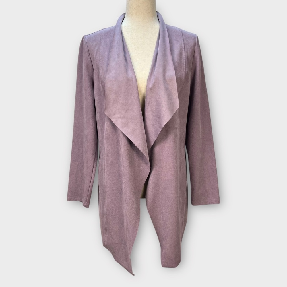 Chico’s Faux Suede Waterfall Jacket Open Front Draped Minimalist Chic Sz 0 S 4/6